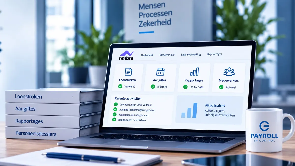 Bureau met ordners voor loonstroken, aangiftes, rapportages en personeelsdossiers, een laptop met het Nmbrs-overzicht en een mok van Payroll In Control