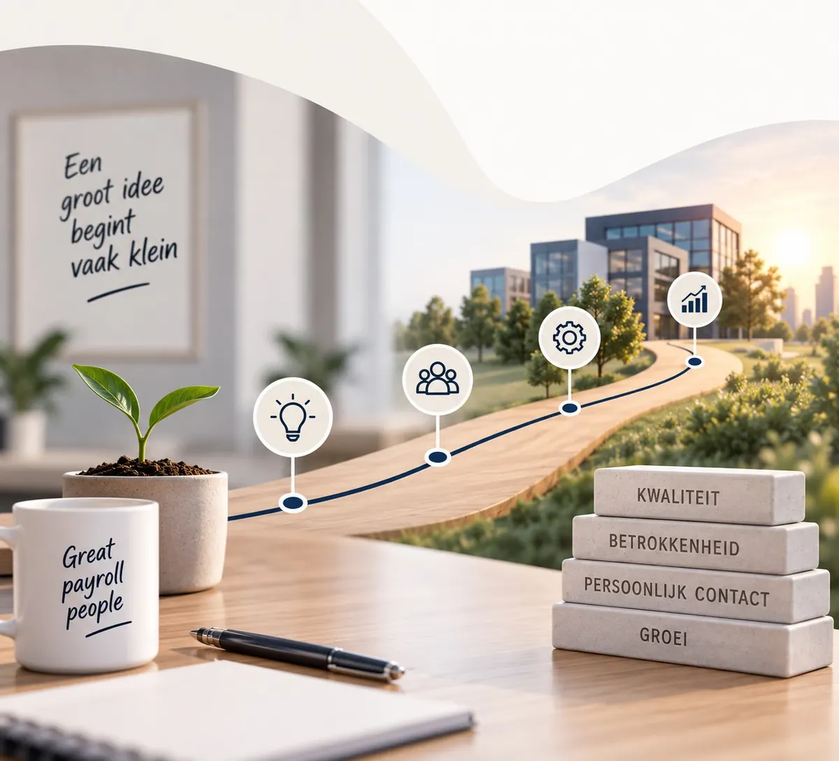 Illustratie: een jong plantje op een bureau met een pad naar een kantoorgebouw, en stenen met de woorden kwaliteit, betrokkenheid, persoonlijk contact en groei