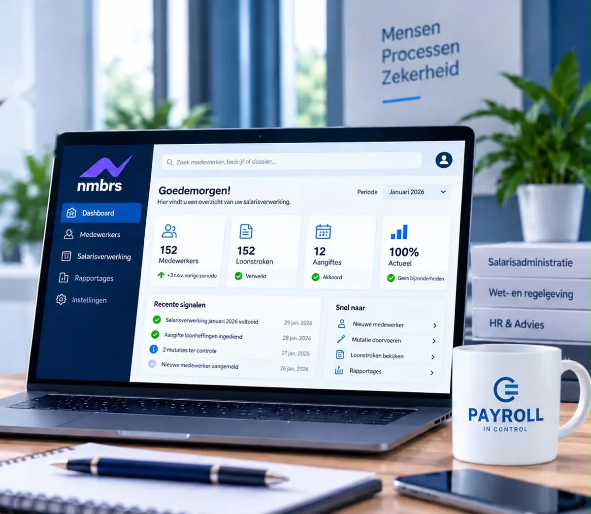 Laptop met het Nmbrs-dashboard van een salarisadministratie, met daarnaast een mok van Payroll In Control en mappen over salarisadministratie en wet- en regelgeving
