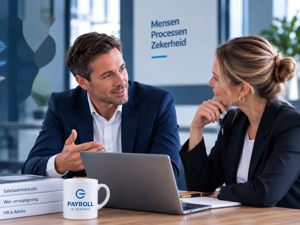 Payroll consultant in overleg met een klant aan tafel, met laptop, mappen en een mok van Payroll In Control
